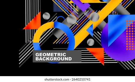 Abstract geometric composition. Vivid colors, shapes overlap, creating dynamic visual effect. Modern design elements present.