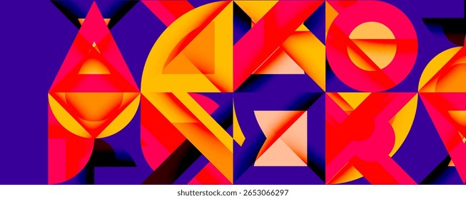 Composição geométrica abstrata. Cores vivas, ângulos nítidos e formas dinâmicas criam uma experiência visual moderna. Contrastes ousados dominam o design.
