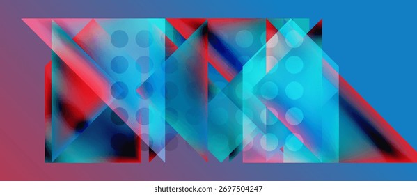 Composição geométrica abstrata. Mistura de cores vivas, criando formas dinâmicas. Triângulos, círculos se sobrepõem, formando padrões complexos. Design moderno.