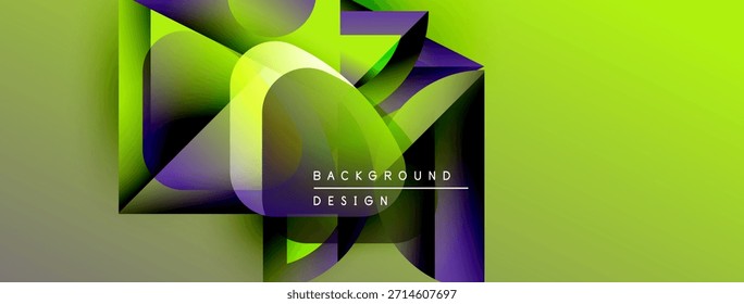 Abstract geometric composition. Vivid green gradients blend with purple shapes. Modern design elements create dynamic visual texture.