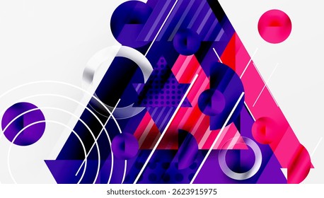 Abstract geometric composition. Vivid magenta, purple, white shapes overlap creating dynamic visual effect. Modern design.