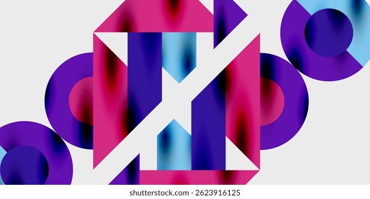 Abstract geometric composition. Vivid pinks, purples, blues blend. Shapes overlap creating dynamic visual effect. Modern design.