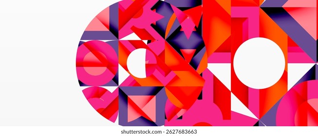 Composição geométrica abstrata. Rosas vivas, roxas, laranjas formam formas complexas. Os círculos brancos contrastam as cores em negrito, criando um efeito visual dinâmico.