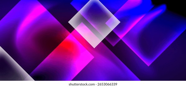 Abstract geometric composition. Vivid purple, blue, red hues blend. Shapes overlap creating dynamic visual effect. Modern design.