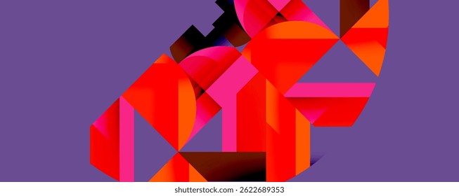 Abstract geometric composition. Vivid reds, pinks contrast purple background. Sharp angles, layered shapes create dynamic visual effect.