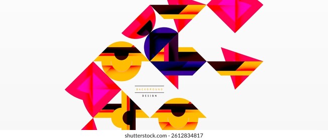 Abstract geometric composition. Vivid shapes overlap, creating dynamic visual effect. Bright colorspink, yellow, purpledominate design. Modern background element.