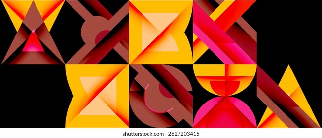Abstract geometric composition. Warm colors dominate, creating dynamic visual texture. Shapes overlap, suggesting depth, movement.