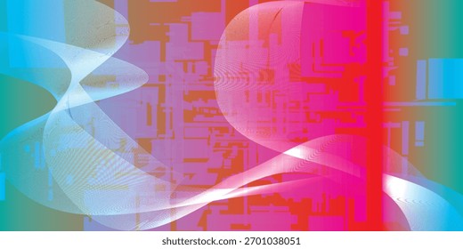 Composição geométrica abstrata com linhas onduladas e cores vibrantes