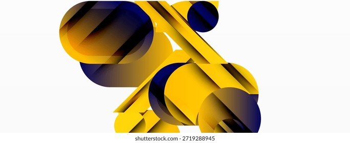 Composição geométrica abstrata. Cilindros amarelos interceptam esferas azul-escuras. Design minimalista, linhas limpas, estética moderna. Contraste brilhante, formas simples.