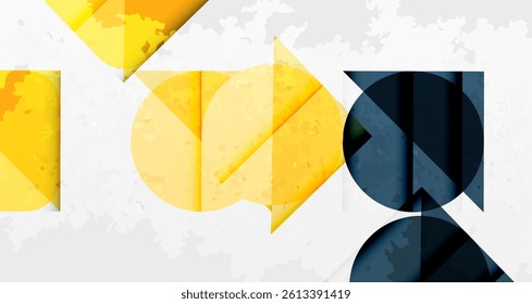 Abstract geometric composition. Yellow, navy shapes overlap textured gray background. Triangles, circles create dynamic visual arrangement. Modern design elements present.