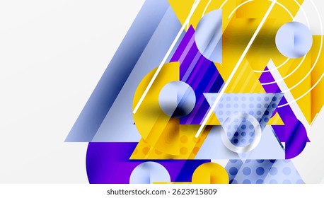 Abstract geometric composition. Yellow, purple, blue shapes overlap creating dynamic visual effect. Modern design elements present.