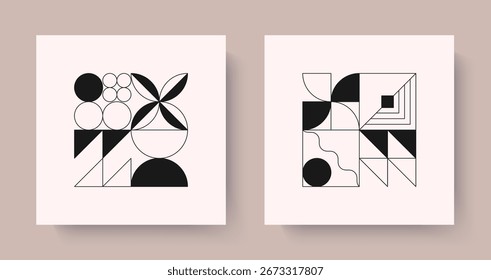 Composiciones geométricas Abstractas en estilo brutalista. Diseños modulares de moda con Formas simples, Elementos. Estética suiza minimalista. Gráficos atrevidos modernos para impresiones digitales, marca, Web, carteles, emblemas