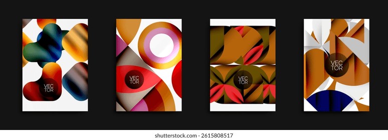 Abstract geometric compositions. Fluid shapes, vibrant colors, modern design elements. Minimalist aesthetic, vector graphics, artistic posters.