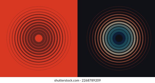 Abstract geometric concentric, hypnotic circle vector elements isolated on a background. Color retro halftone ring pattern. Circular dots pattern concept for a sound wave, radio, sonar