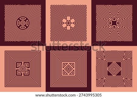 Abstract geometric concentric line pattern set with retro optical square designs in a warm, earthy terra cotta color palette vector collection.