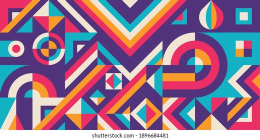 Abstract geometric concept poster design. Graphic horizontal pattern in bright colors. Block chain concept banner. Vector illustration. 