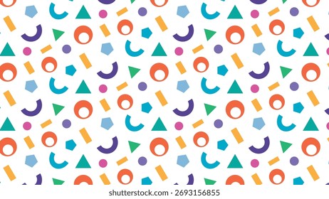 Abstractas patrón geométrico de confeti sin fisuras. Coloridas Formas de confeti para la celebración de fiestas y eventos festivos. fondo moderno con Formas lúdicas, círculos, triángulos y curvas. Vector