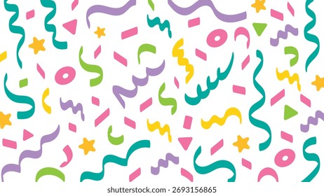 Abstract geometric confetti seamless pattern. Colourful confetti shapes for party celebration and festive events. modern background with playful shapes, circles, triangles, and curves. Vector