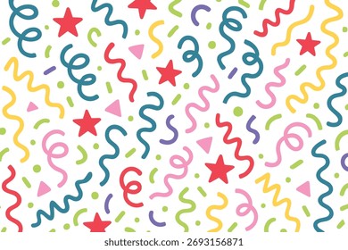 Abstractas patrón geométrico de confeti sin fisuras. Coloridas Formas de confeti para la celebración de fiestas y eventos festivos. fondo moderno con Formas lúdicas, círculos, triángulos y curvas. Vector