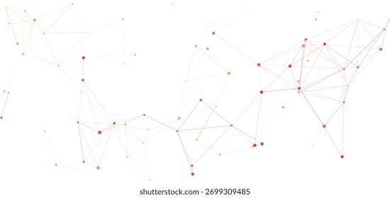 Fundo de rede de conexão geométrica abstrato com pontos e linhas gradientes vermelhos e laranja, malha de visualização de dados digitais, estrutura poligonal futurista, design de arte de conceito de tecnologia