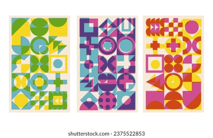 Abstract geometric cover set with riso print effect. Bauhaus shapes pattern risograph style