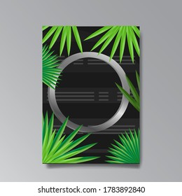 Abstract geometric cover template with palm leafs. Retro wave shiny design. Geometric minimalistic shapes poster composition. Retro futuristic 90s and 80s style. Modern flyers, banners and invitation