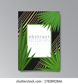 Abstract geometric cover template with palm leafs. Retro wave shiny design. Geometric minimalistic shapes poster composition. Retro futuristic 90s and 80s style. Modern flyers, banners and invitation