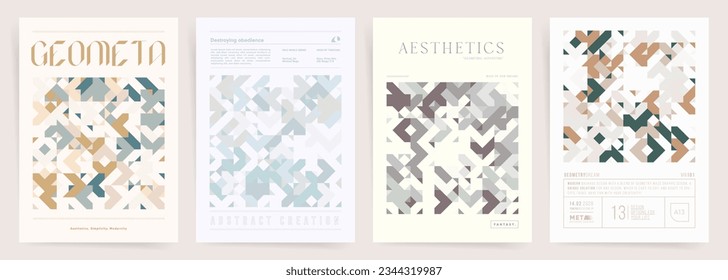 Abstract Geometric Cover Templates Set. Simple Retro A4 Posters Background with Typography, Perfect for Wall Art, Print Designs, Brochure, Presentation, Book or Magazine Cover, Placards, Leaflets. 	