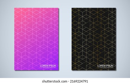 Abstrakte, geometrische Umschläge und Broschüren mit isometrischen Vektorblöcken, Polygonmuster