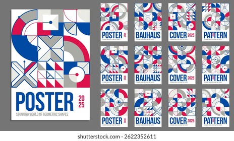 Abstract geometric covers design set, Bauhaus style retro geometrical patterns vector, magazine or flyer covers, modern mosaic graphics, advertising templates.