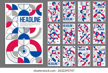 Abstract geometric covers design set, Bauhaus estilo retro geometrical padrões vetor, revistas ou flyer covers, modernos gráficos em mosaico, modelos de publicidade.