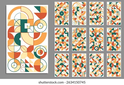 Abstract geometric covers design set, Bauhaus style retro geometrical patterns vector, magazine or flyer covers, modern mosaic graphics, advertising templates.