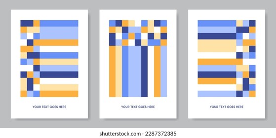 Abstract geometric covers or posters in colors of sea water, sun and sand. Summer backgrounds set with lines and pixels.