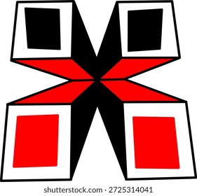 Abstract geometric cross design with bold red, black, and white shapes forming a symmetric modern pattern, minimal graphic style on white background.