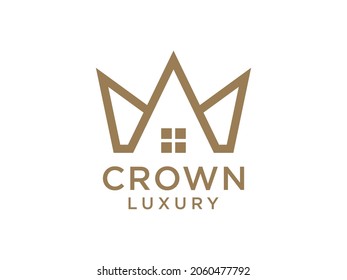 Abstract Geometric Crown and House Logo. Royal Home Symbol. Flat Vector Logo Design Template Element