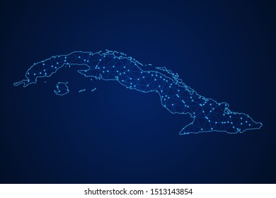 Abstract geometric of Cuba map polygonal line, structure and point scales on blue dark background with lights and dots. Vector illustration eps 10.