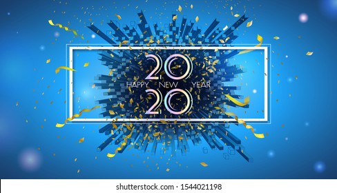 Abstract geometric cube firework popping up with the confetti for happy new year 2020 anniversary text area on blue banner and glowing light element background