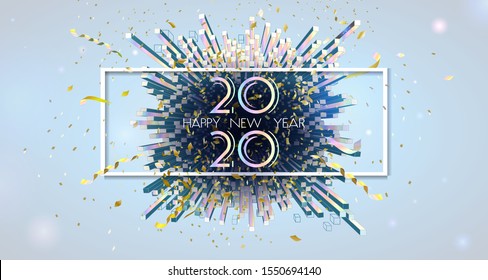 Abstract geometric cube firework popping up with the confetti for happy new year 2020 anniversary text area on light blue banner and glowing light element background