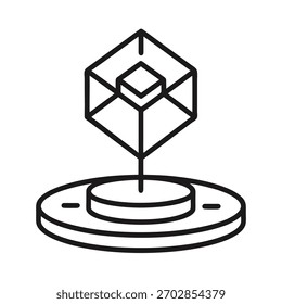 Escultura de cubo geométrico abstrato em um pedestal com design minimalista de arte de linha.