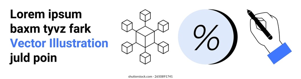 Cubos geométricos Abstractas, círculo azul Iniciar sesión porcentual y bolígrafo de mano. Ideal para contenido educativo, presentaciones de negocios, análisis de datos, finanzas, diseño creativo, cursos en línea