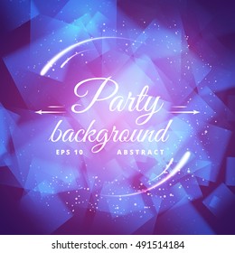 Abstract geometric cubic blue background with soft pink lights, glowing swirls and shiny particles. Multicolor backdrop design template with beautiful lettering on it