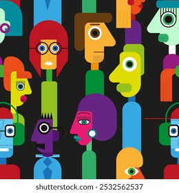 Abstract geometric cubist inspiration composition of people faces. Colorful haracters collection. Seamless pattern. Vector illustration for prints, card, web, digital concept, poster