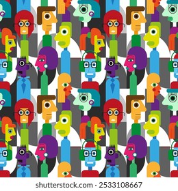 Abstract geometric cubist inspiration composition of people faces. Colorful haracters collection. Seamless pattern. Vector illustration for prints, card, web, digital concept, poster