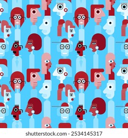 Abstract geometric cubist inspiration composition of people faces. Colorful haracters collection. Seamless pattern. Vector illustration for prints, card, web, digital concept, poster