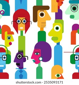 Abstract geometric cubist inspiration composition of people faces. Colorful haracters collection. Seamless pattern. Vector illustration for prints, card, web, digital concept, poster