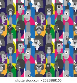 Abstract geometric cubist inspiration composition of people faces. Colorful haracters collection. Seamless pattern. Vector illustration for prints, card, web, digital concept, poster