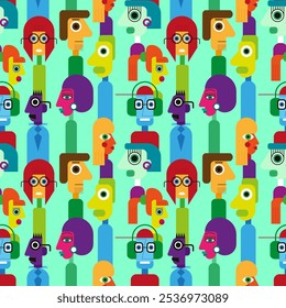 Abstract geometric cubist inspiration composition of people faces. Colorful haracters collection. Seamless pattern. Vector illustration for prints, card, web, digital concept, poster