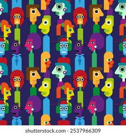 Abstract geometric cubist inspiration composition of people faces. Colorful haracters collection. Seamless pattern. Vector illustration for prints, card, web, digital concept, poster