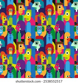 Abstract geometric cubist inspiration composition of people faces. Colorful haracters collection. Seamless pattern. Vector illustration for prints, card, web, digital concept, poster