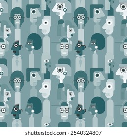 Abstract geometric cubist inspiration composition of people faces. Colorful haracters collection. Seamless pattern. Vector illustration for prints, card, web, digital concept, poster